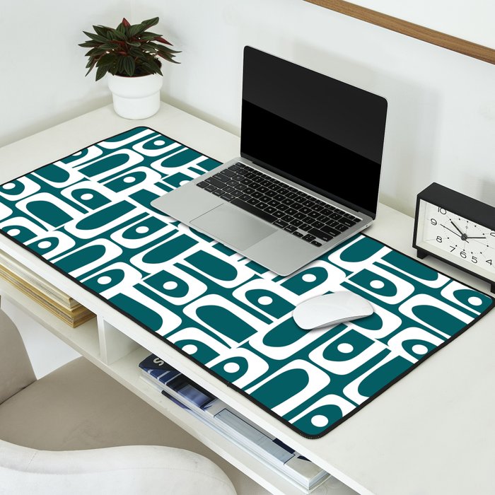 Mid Century Modern Piquet Abstract Multi Geometric Pattern in Deep Teal Marine Green-Blue and White Desk Mat Gallery Image 2