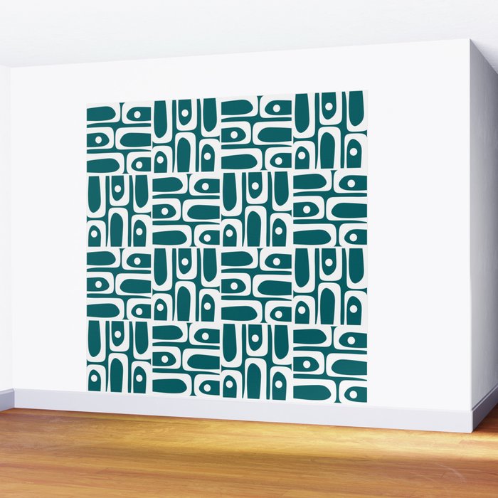 Mid Century Modern Piquet Abstract Multi Geometric Pattern in Deep Teal Marine Green-Blue and White Wall Mural Gallery Image 2