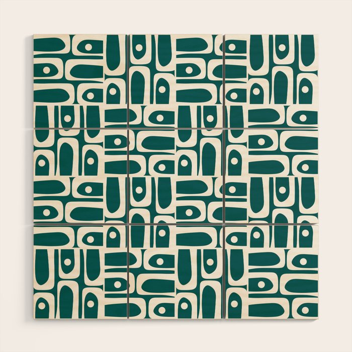 Mid Century Modern Piquet Abstract Multi Geometric Pattern in Deep Teal Marine Green-Blue and White Wood Wall Art Gallery Image 1
