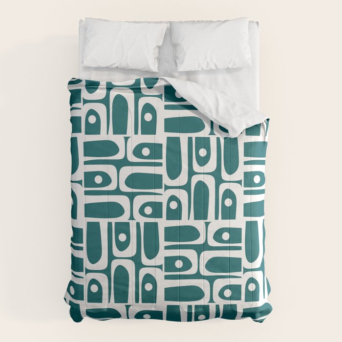 Mid Century Modern Piquet Abstract Multi Geometric Pattern in Deep Teal Marine Green-Blue and White Comforter Gallery Image 6