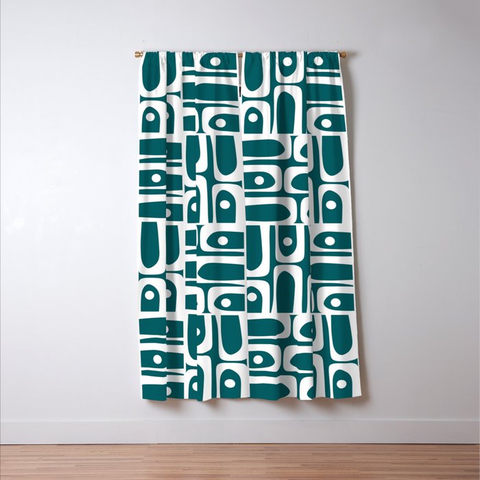 Mid Century Modern Piquet Abstract Multi Geometric Pattern in Deep Teal Marine Green-Blue and White Window Curtain Gallery Image 3