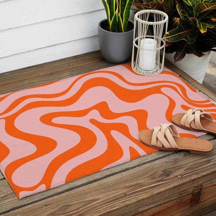 Groovy Retro Liquid Swirl Abstract Orange and Pink Pattern 4 Outdoor Rug Gallery Image 2