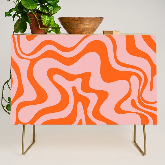 Groovy Retro Liquid Swirl Abstract Orange and Pink Pattern 4 Credenza Gallery Image 1