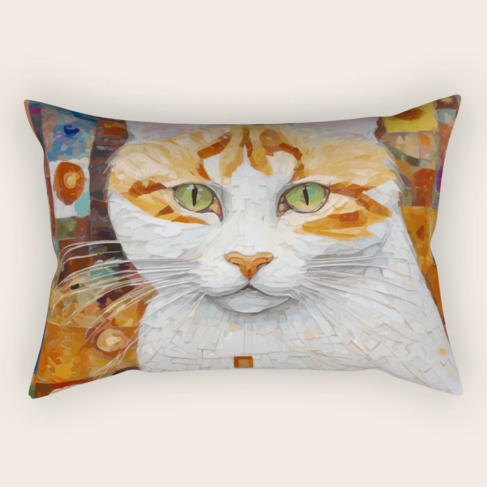 Gustav Klimt Style Tabby Cat with Green Eyes Rectangular Pillow Gallery Image 1