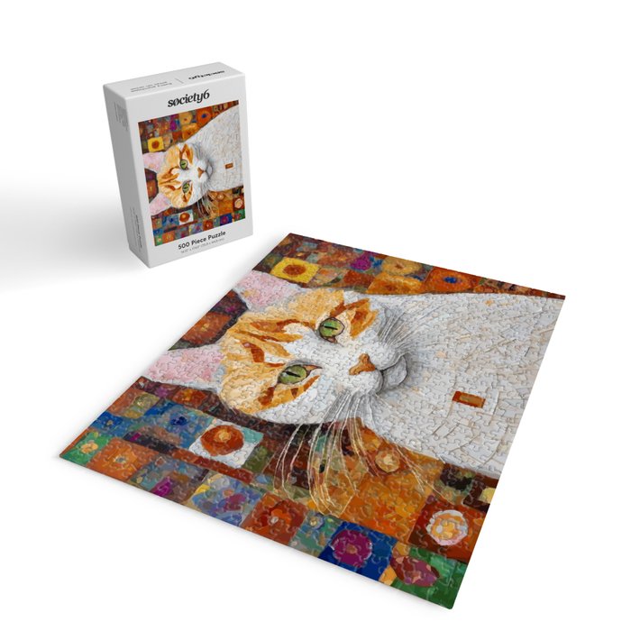 Gustav Klimt Style Tabby Cat with Green Eyes Jigsaw Puzzle Gallery Image 2