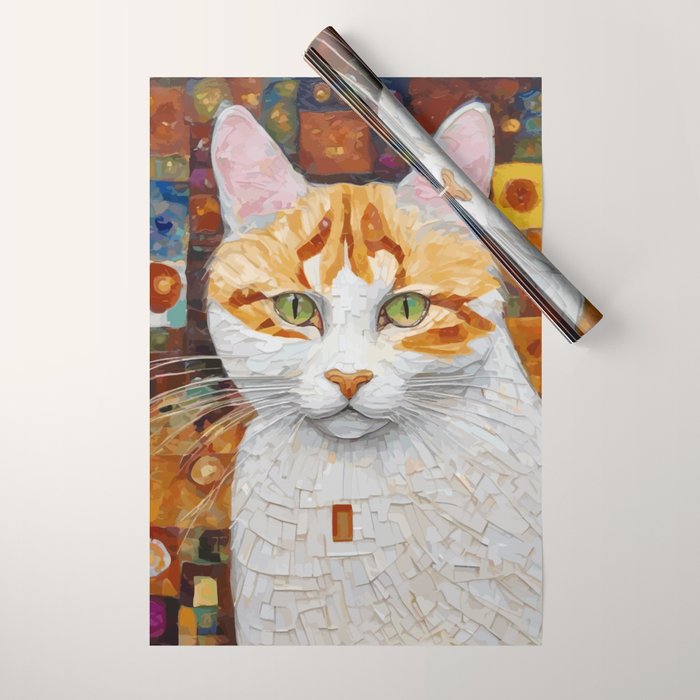 Gustav Klimt Style Tabby Cat with Green Eyes Wrapping Paper Gallery Image 1