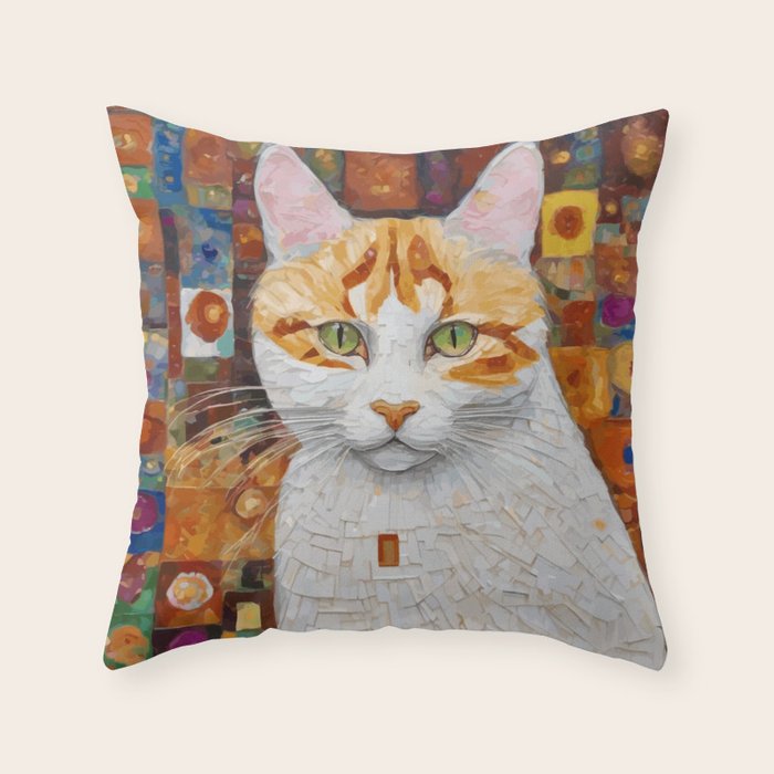 Gustav Klimt Style Tabby Cat with Green Eyes Throw Pillow Gallery Image 6