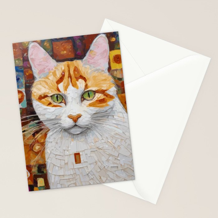 Gustav Klimt Style Tabby Cat with Green Eyes Stationery Card Gallery Image 2