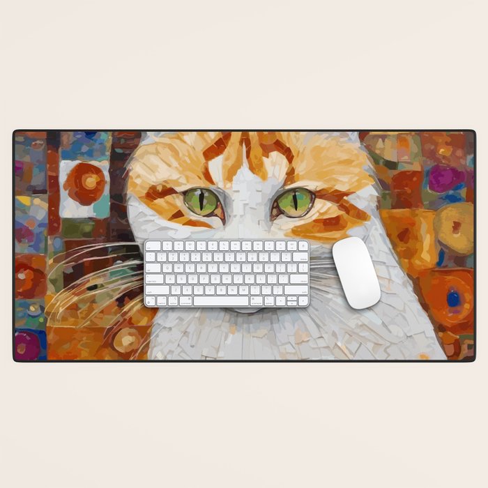 Gustav Klimt Style Tabby Cat with Green Eyes Desk Mat Gallery Image 1