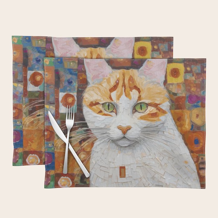 Gustav Klimt Style Tabby Cat with Green Eyes Placemat Gallery Image 1