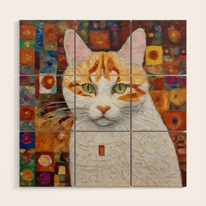 Gustav Klimt Style Tabby Cat with Green Eyes Wood Wall Art Gallery Image 1