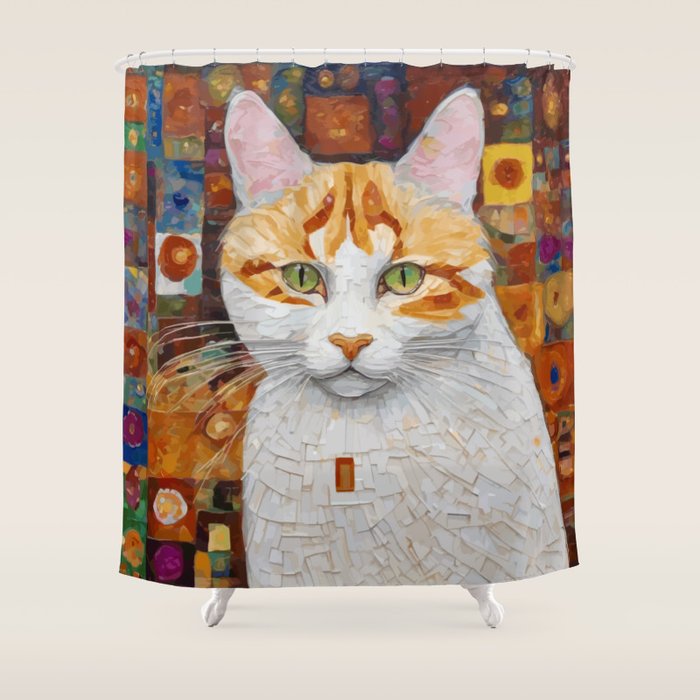 Gustav Klimt Style Tabby Cat with Green Eyes Shower Curtain Gallery Image 1