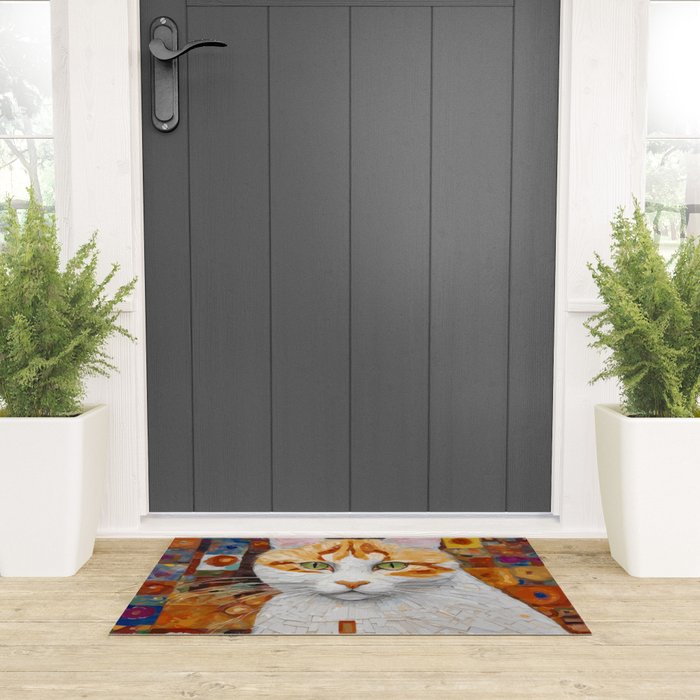 Gustav Klimt Style Tabby Cat with Green Eyes Welcome Mat Gallery Image 3