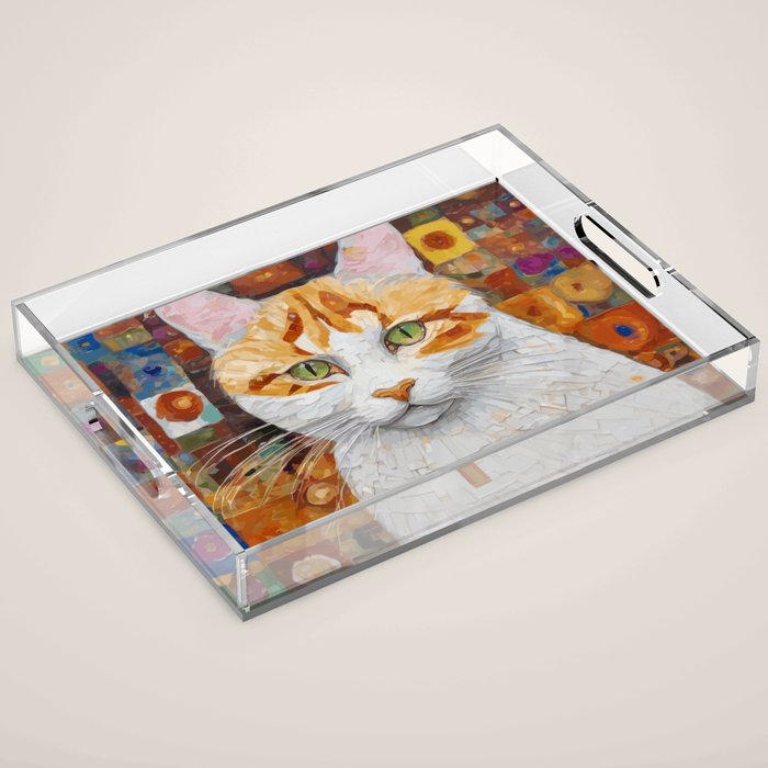 Gustav Klimt Style Tabby Cat with Green Eyes Acrylic Tray Gallery Image 1