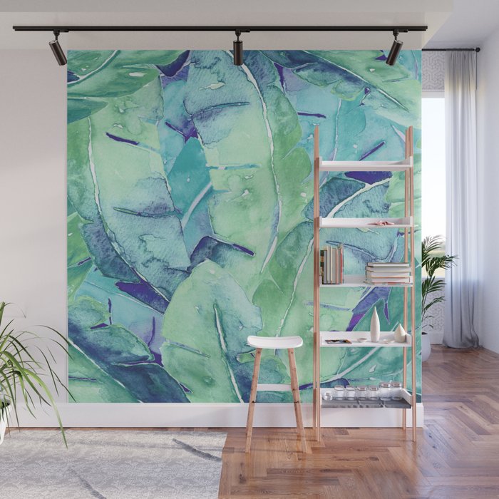 Banana Tree Leaves | Tropical  BLUE Watercolor Wall Mural Gallery Image 1