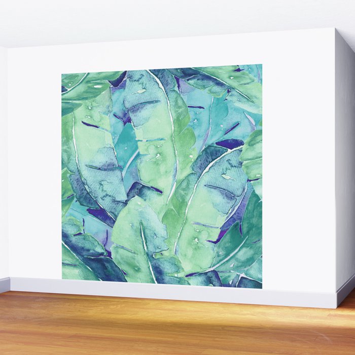 Banana Tree Leaves | Tropical  BLUE Watercolor Wall Mural Gallery Image 2