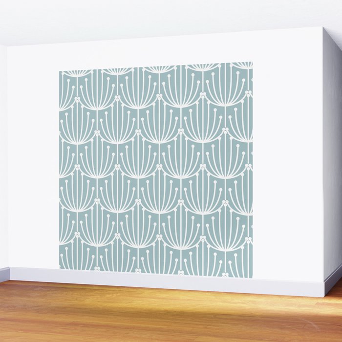 Retro Art, Floral Prints, Light Blue and White Wall Mural Gallery Image 2