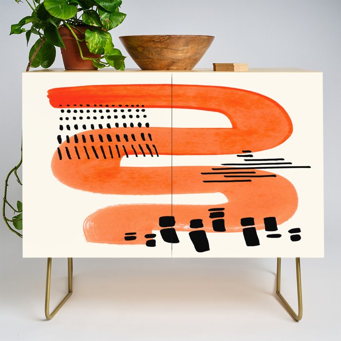 Mid Century Modern abstract Minimalist Fun Colorful Shapes Patterns Orange Watercolor Wiggle Stroke Credenza Gallery Image 1