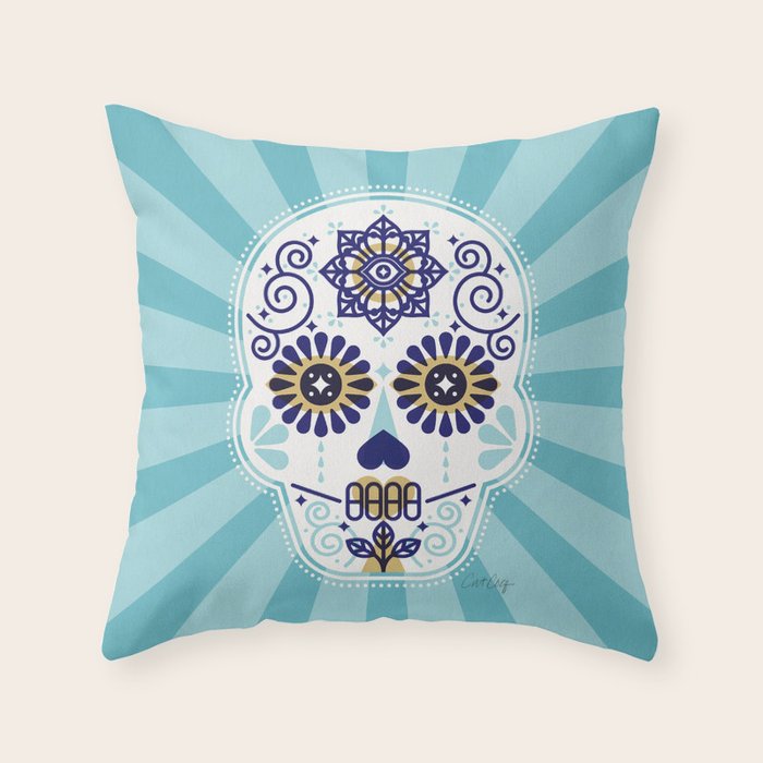 DÃ­a de Muertos â¢ Mexican Sugar Skull - Baby Blue Palette Throw Pillow Gallery Image 1