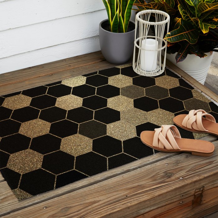 Gold,hexagons ,honeycomb geometric pattern  Outdoor Rug Gallery Image 2