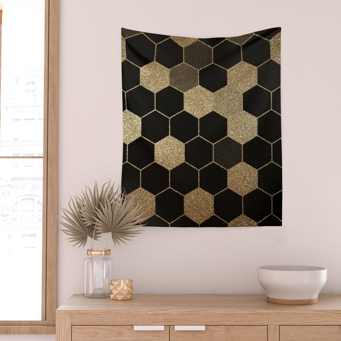 Gold,hexagons ,honeycomb geometric pattern  Wall Tapestry Gallery Image 2