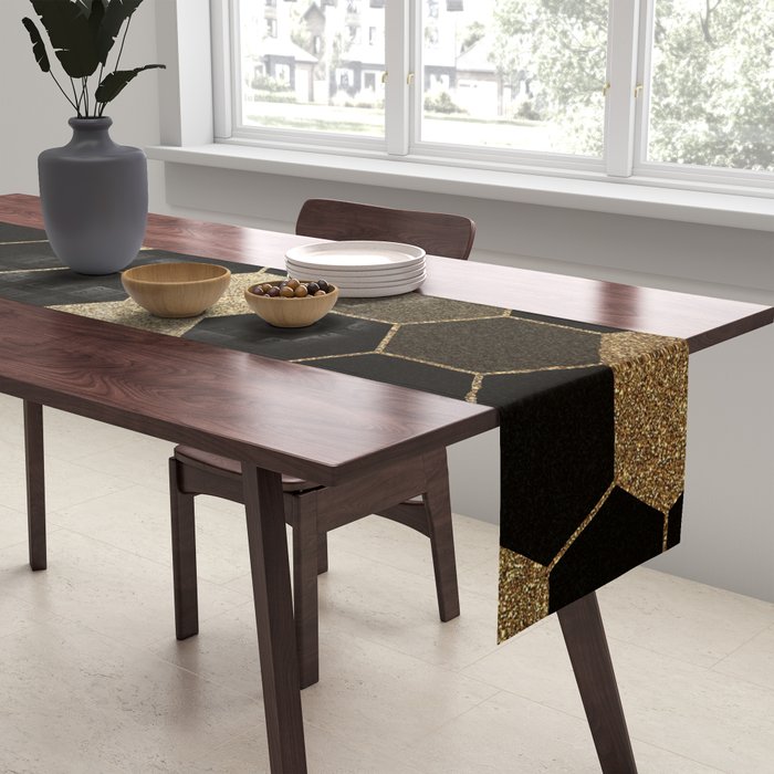 Gold,hexagons ,honeycomb geometric pattern  Table Runner Gallery Image 2