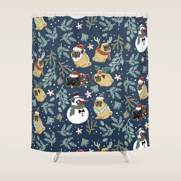 Christmas Pugs Shower Curtain Gallery Image 1