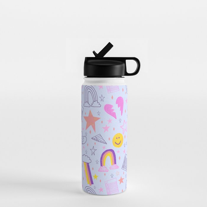 Happy Smiley Face & Retro Rainbows in Periwinkle & Pink Water Bottle Gallery Image 1