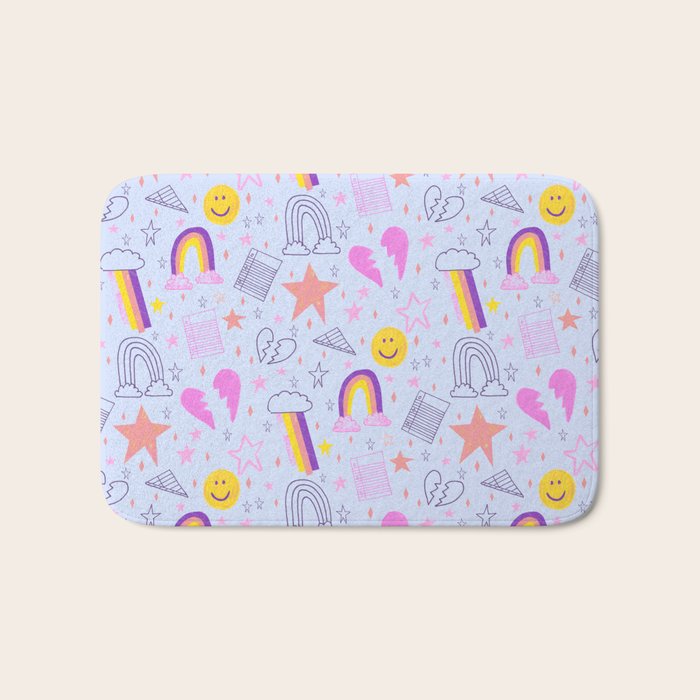 Happy Smiley Face & Retro Rainbows in Periwinkle & Pink Bath Mat Gallery Image 1