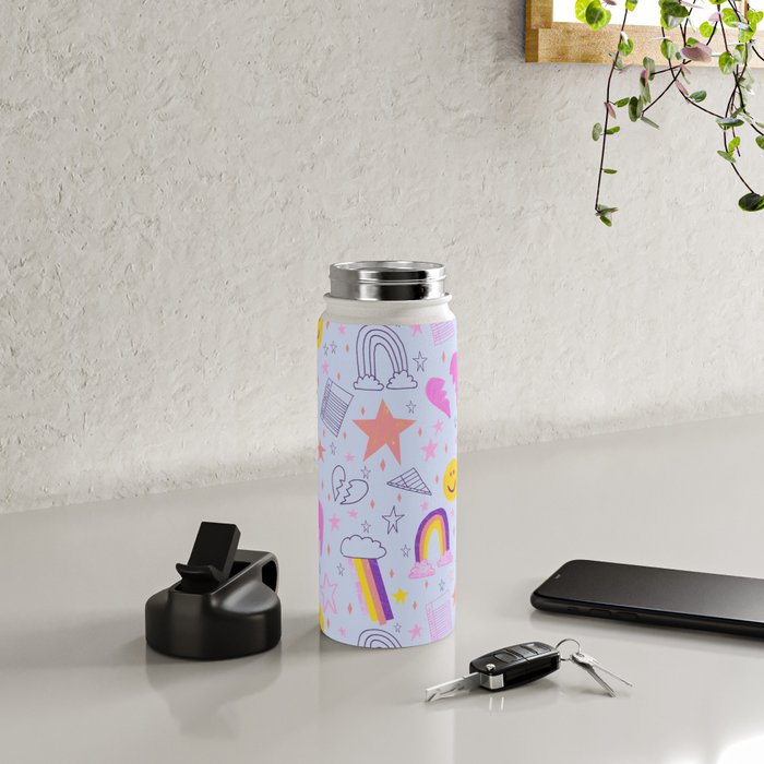 Happy Smiley Face & Retro Rainbows in Periwinkle & Pink Water Bottle Gallery Image 4