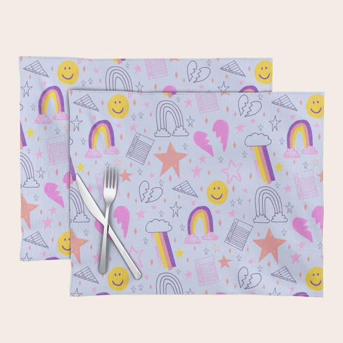 Happy Smiley Face & Retro Rainbows in Periwinkle & Pink Placemat Gallery Image 1