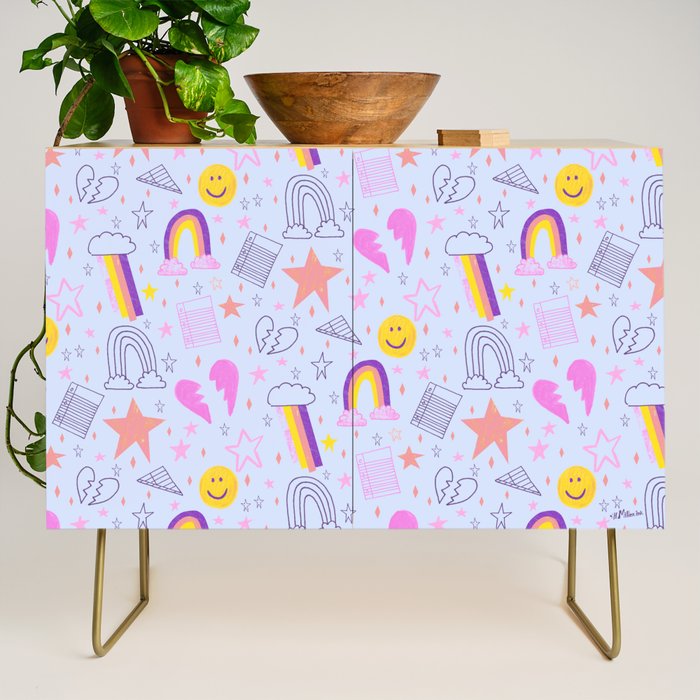 Happy Smiley Face & Retro Rainbows in Periwinkle & Pink Credenza Gallery Image 1