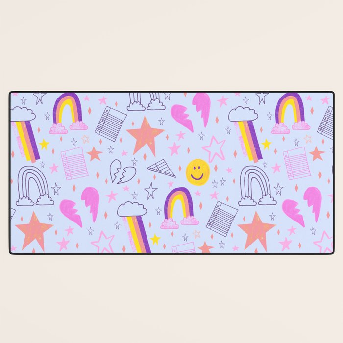 Happy Smiley Face & Retro Rainbows in Periwinkle & Pink Desk Mat Gallery Image 3