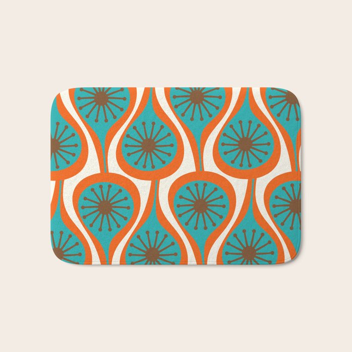 Mid Century Modern Atomic Drops Retro Pattern Turquoise Orange Brown Cream Bath Mat Gallery Image 1