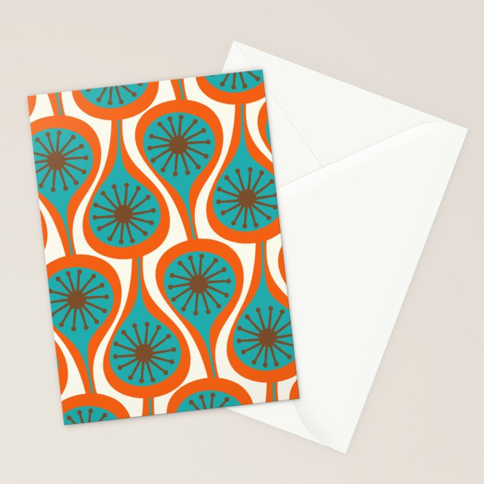 Mid Century Modern Atomic Drops Retro Pattern Turquoise Orange Brown Cream Stationery Card Gallery Image 2