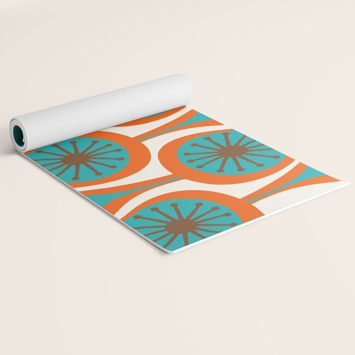 Mid Century Modern Atomic Drops Retro Pattern Turquoise Orange Brown Cream Yoga Mat Gallery Image 2