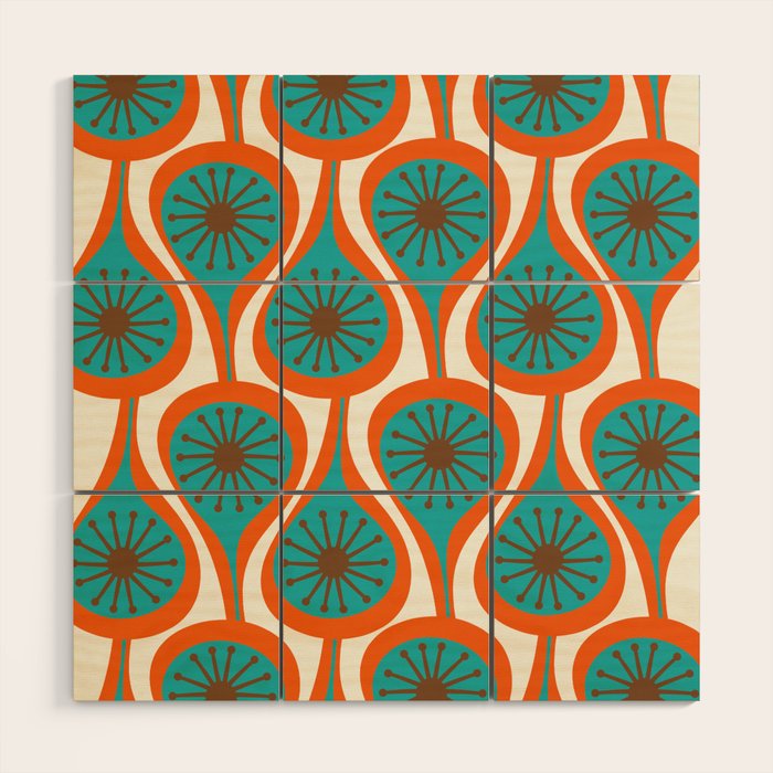 Mid Century Modern Atomic Drops Retro Pattern Turquoise Orange Brown Cream Wood Wall Art Gallery Image 1
