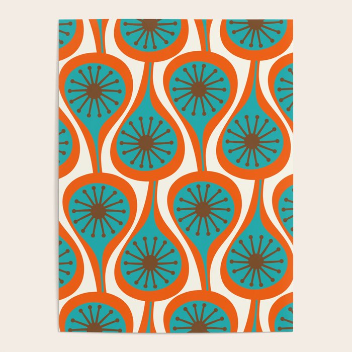 Mid Century Modern Atomic Drops Retro Pattern Turquoise Orange Brown Cream Poster Gallery Image 1