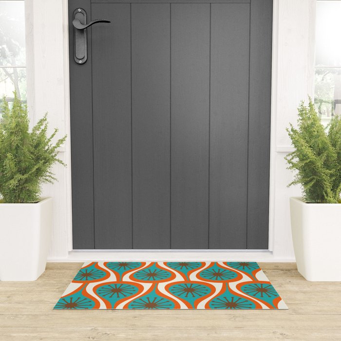 Mid Century Modern Atomic Drops Retro Pattern Turquoise Orange Brown Cream Welcome Mat Gallery Image 3