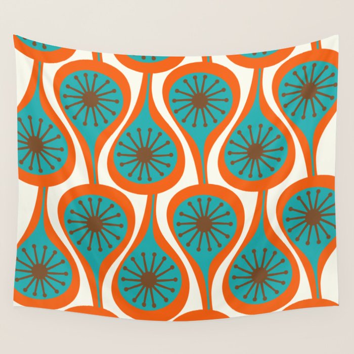 Mid Century Modern Atomic Drops Retro Pattern Turquoise Orange Brown Cream Wall Tapestry Gallery Image 1