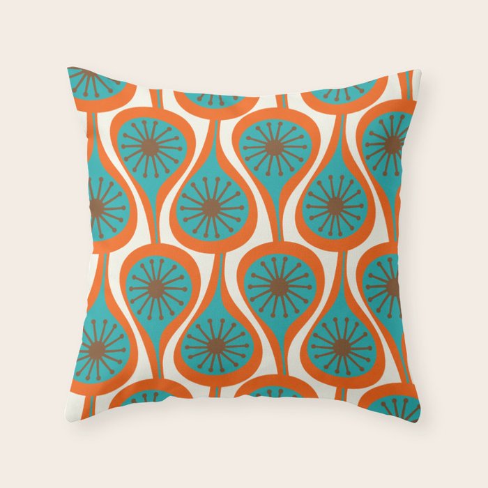 Mid Century Modern Atomic Drops Retro Pattern Turquoise Orange Brown Cream Throw Pillow Gallery Image 1