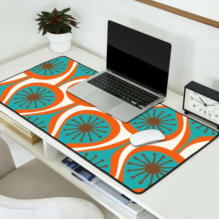 Mid Century Modern Atomic Drops Retro Pattern Turquoise Orange Brown Cream Desk Mat Gallery Image 2
