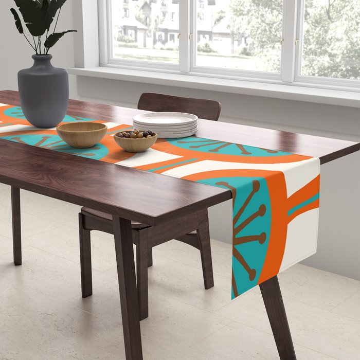Mid Century Modern Atomic Drops Retro Pattern Turquoise Orange Brown Cream Table Runner Gallery Image 2