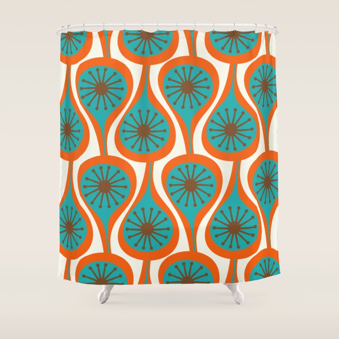 Mid Century Modern Atomic Drops Retro Pattern Turquoise Orange Brown Cream Shower Curtain Gallery Image 1