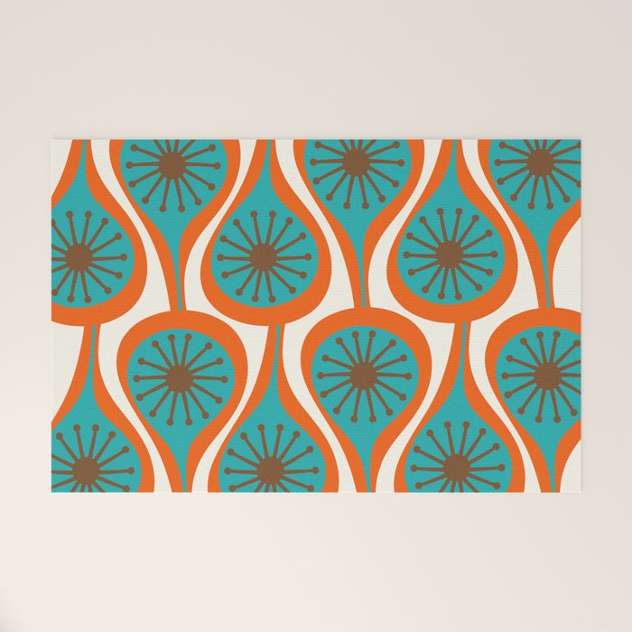 Mid Century Modern Atomic Drops Retro Pattern Turquoise Orange Brown Cream Welcome Mat Gallery Image 1
