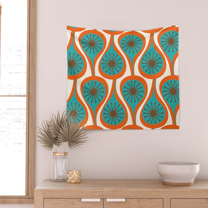 Mid Century Modern Atomic Drops Retro Pattern Turquoise Orange Brown Cream Wall Tapestry Gallery Image 2