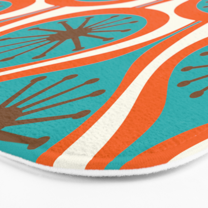 Mid Century Modern Atomic Drops Retro Pattern Turquoise Orange Brown Cream Bath Mat Gallery Image 3