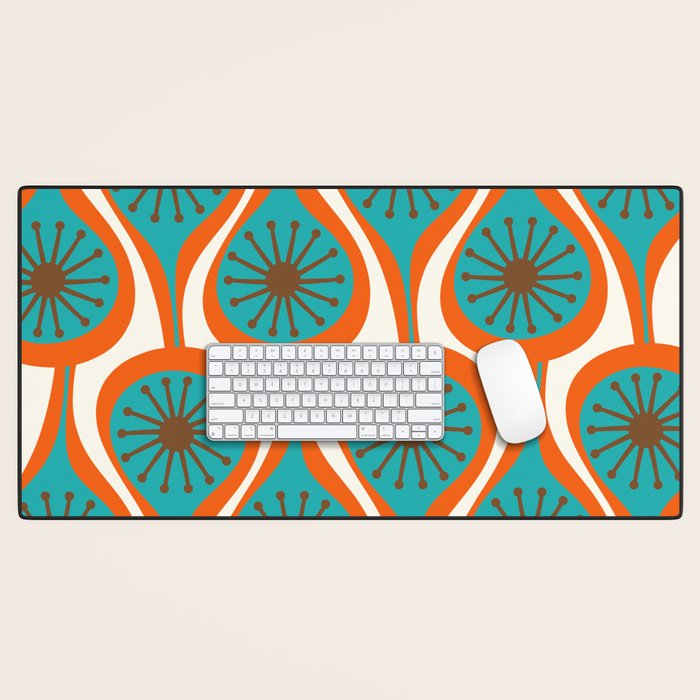 Mid Century Modern Atomic Drops Retro Pattern Turquoise Orange Brown Cream Desk Mat Gallery Image 1