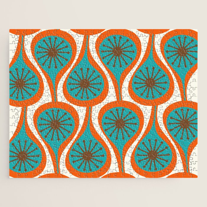 Mid Century Modern Atomic Drops Retro Pattern Turquoise Orange Brown Cream Jigsaw Puzzle Gallery Image 1