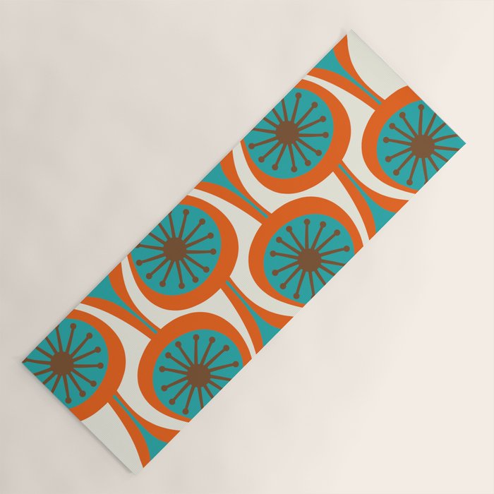 Mid Century Modern Atomic Drops Retro Pattern Turquoise Orange Brown Cream Yoga Mat Gallery Image 1